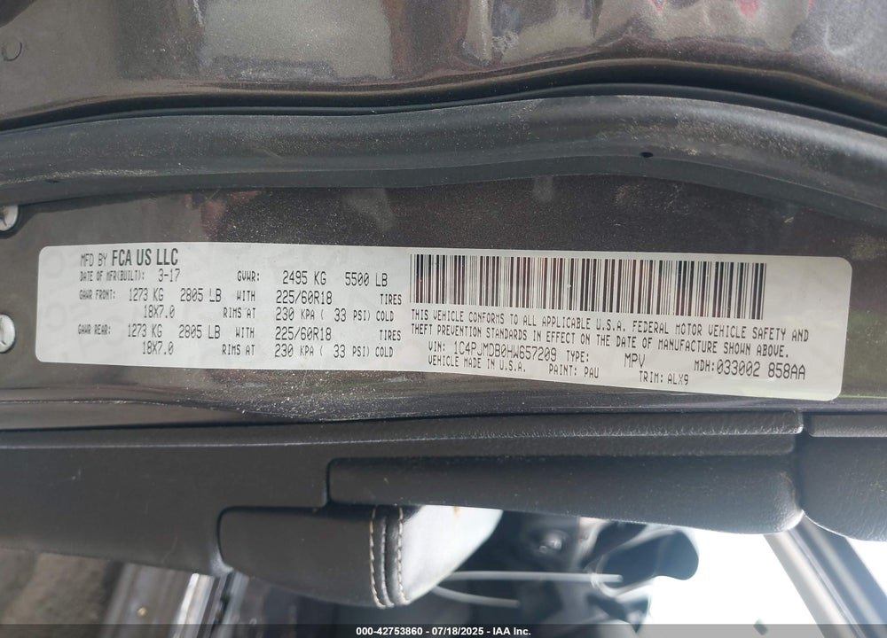 2017 JEEP CHEROKEE VIN: 1C4PJMDB0HW657209