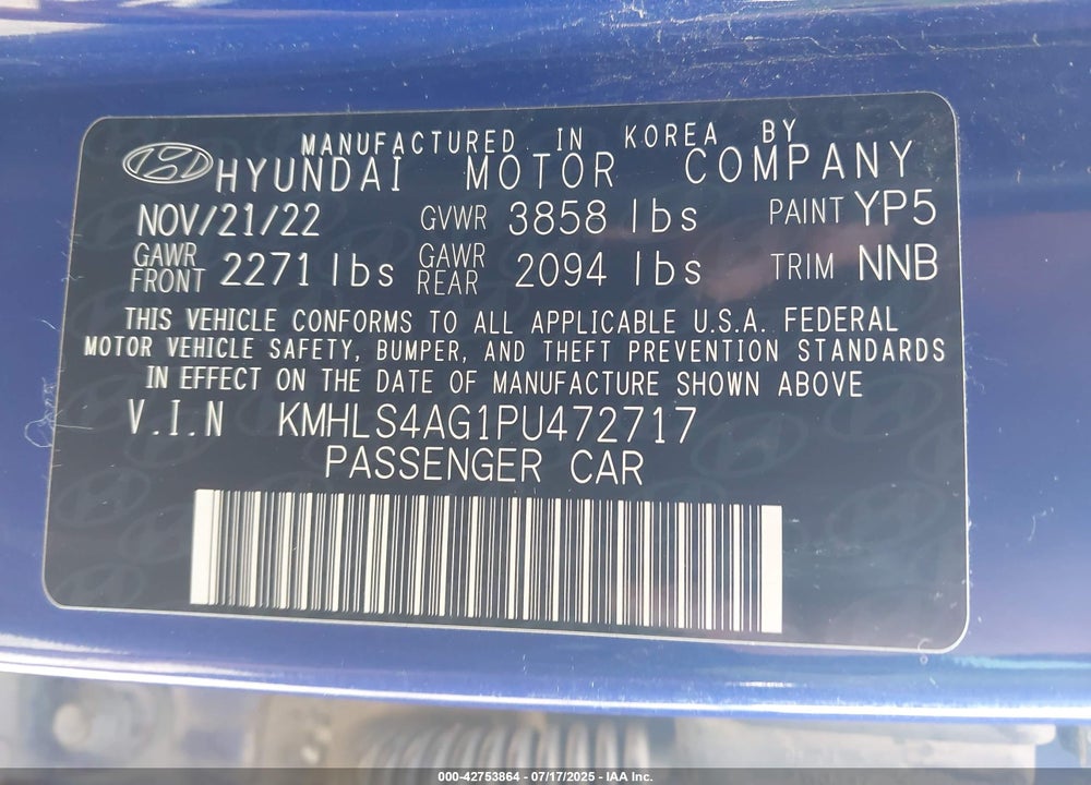 2023 HYUNDAI ELANTRA VIN: KMHLS4AG1PU472717