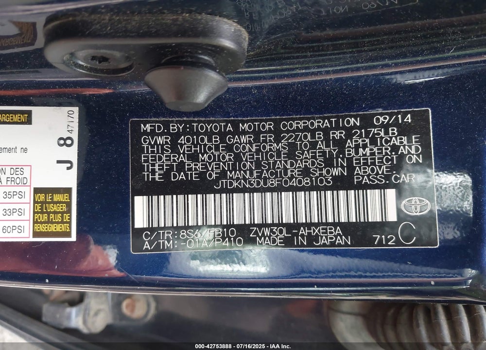 2015 TOYOTA PRIUS VIN: JTDKN3DU8F0408103