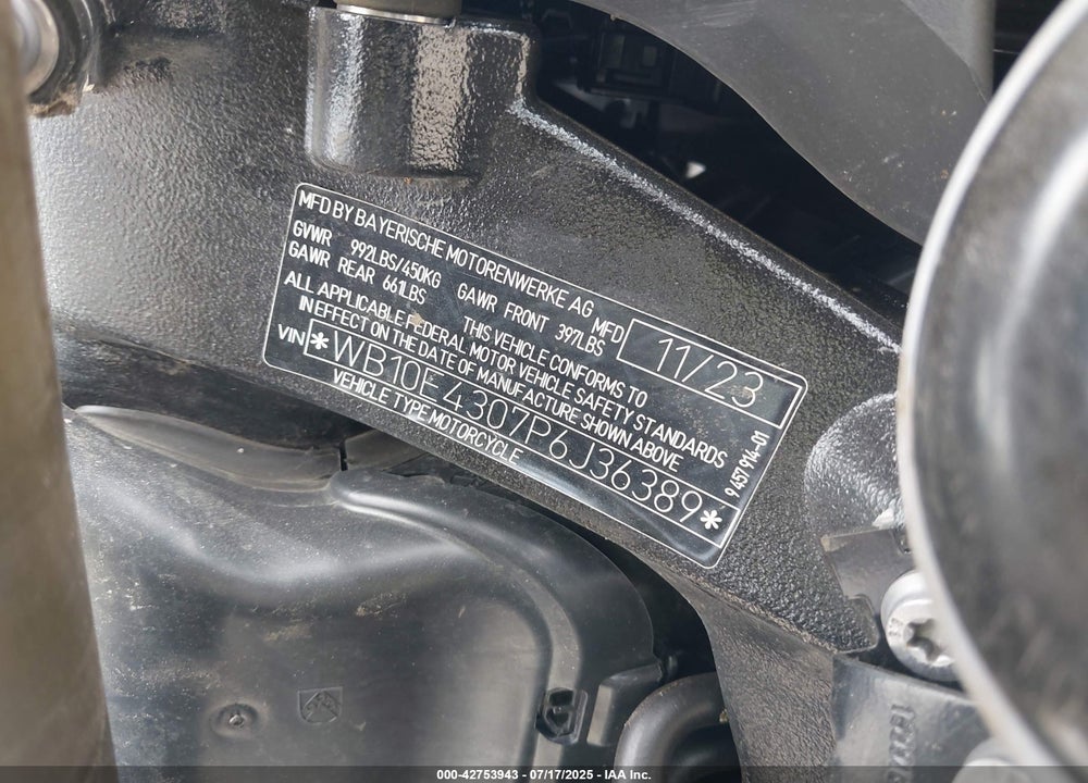 2023 BMW S 1000 XR VIN: WB10E4307P6J36389