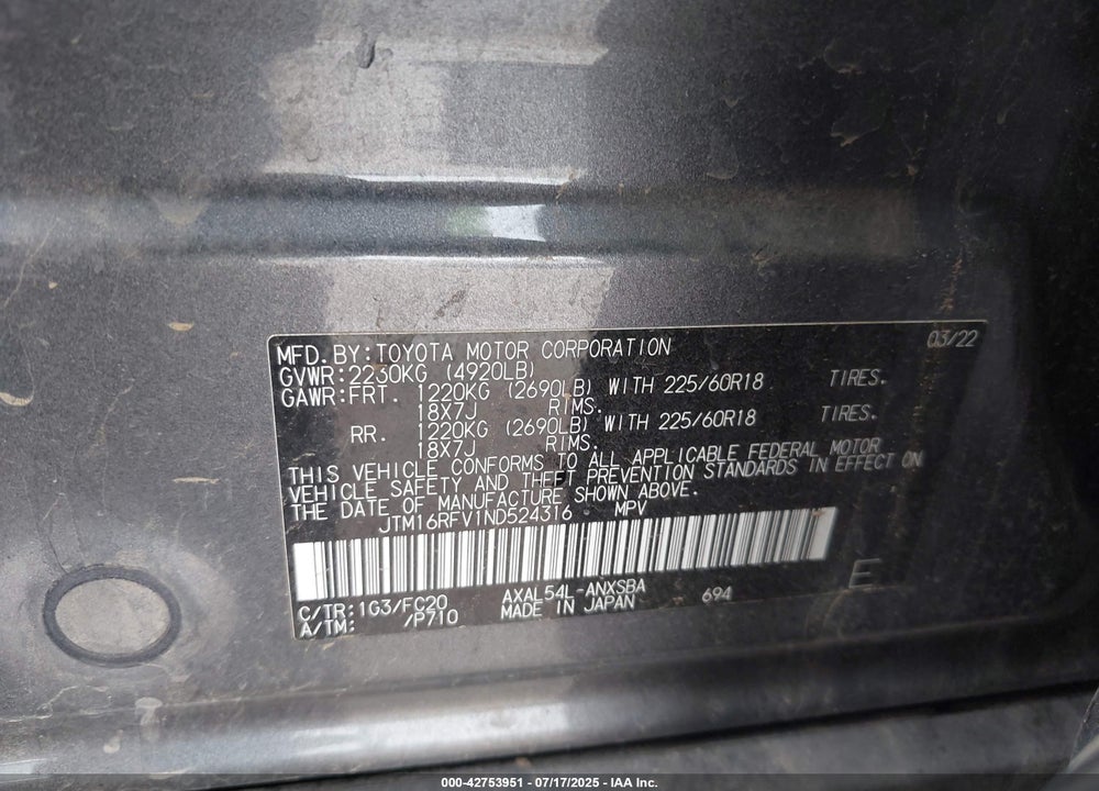 2022 TOYOTA RAV4 HYBRID VIN: JTM16RFV1ND524316