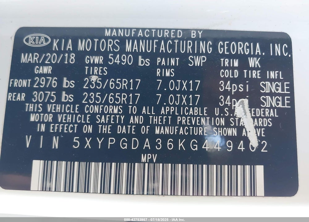 2019 KIA SORENTO 2.4L LX VIN: 5XYPGDA36KG449402