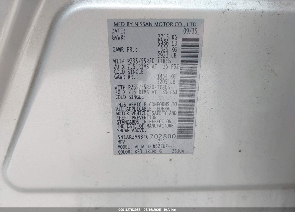 2015 NISSAN PATHFINDER VIN: 5N1AR2MN3FC702800