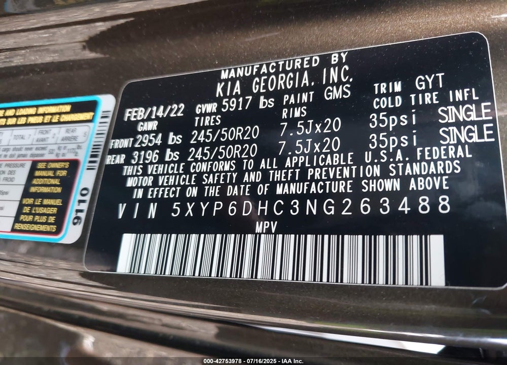 2022 KIA TELLURIDE VIN: 5XYP6DHC3NG263488