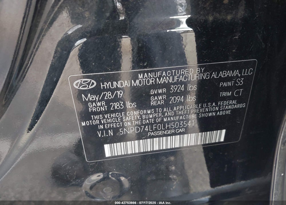 2020 HYUNDAI ELANTRA SE VIN: 5NPD74LF0LH503541