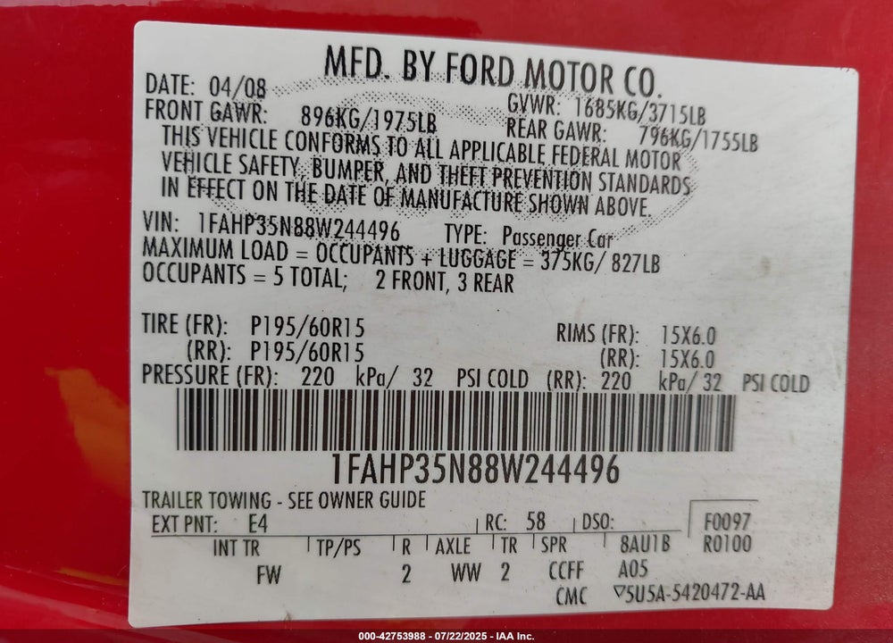 2008 FORD FOCUS VIN: 1FAHP35N88W244496