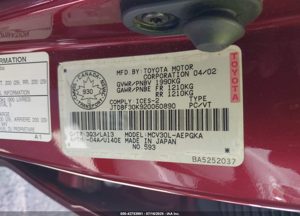 2002 TOYOTA CAMRY LE V6/SE V6/XLE V6 VIN: JTDBF30K920060890