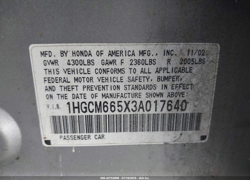 2003 HONDA ACCORD VIN: 1HGCM665X3A017640