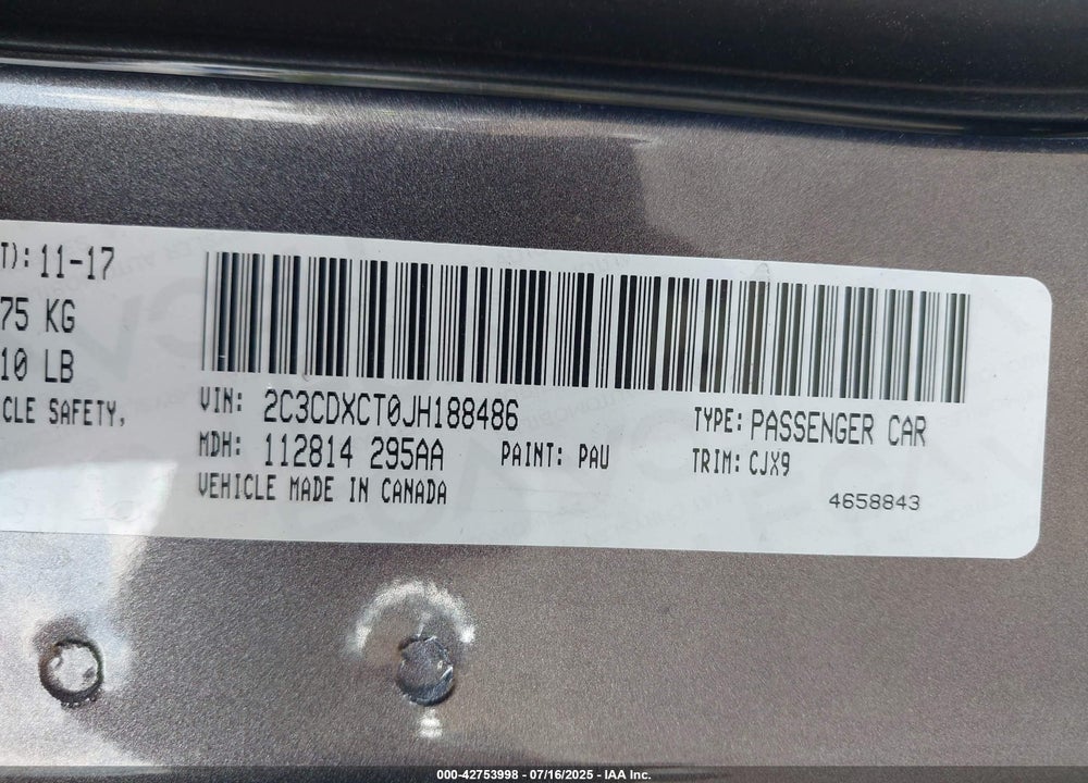 2018 DODGE CHARGER VIN: 2C3CDXCT0JH188486