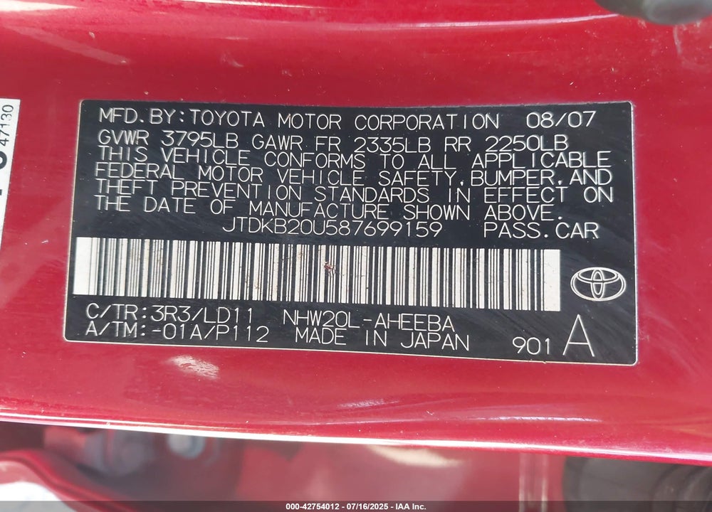 2008 TOYOTA PRIUS VIN: JTDKB20U587699159