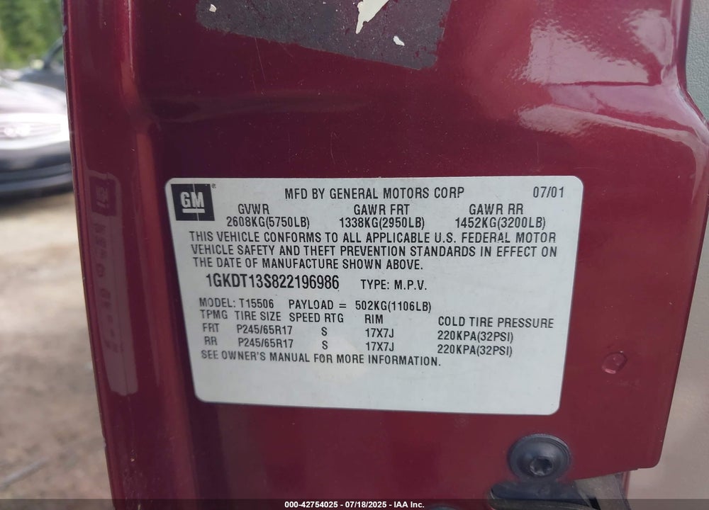 2002 GMC ENVOY VIN: 1GKDT13S822196986