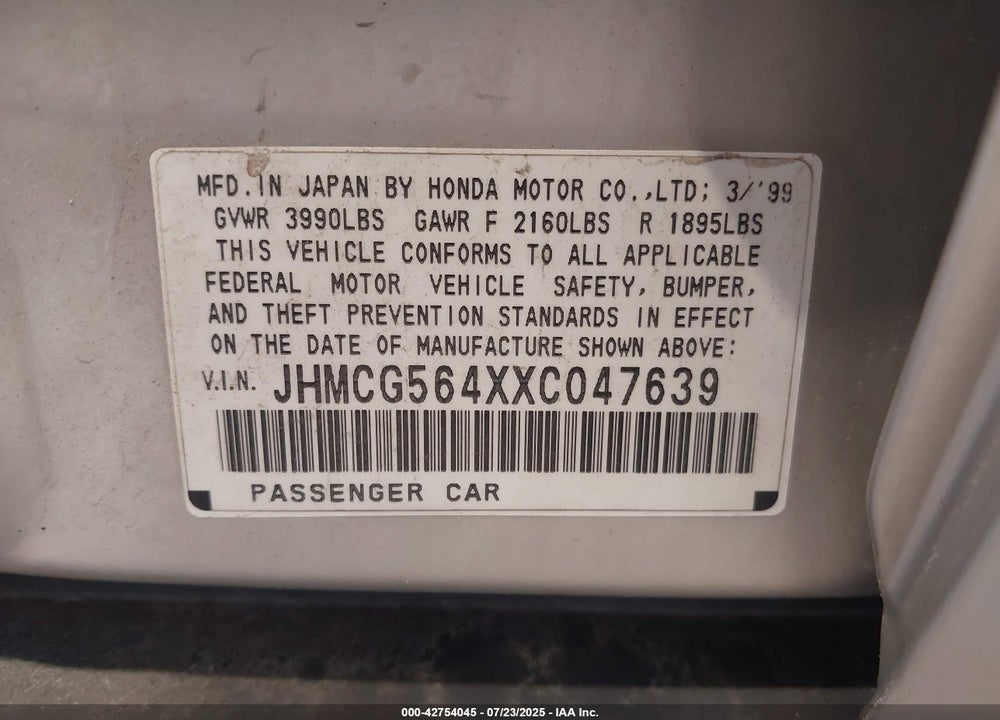 1999 HONDA ACCORD LX VIN: JHMCG564XXC047639