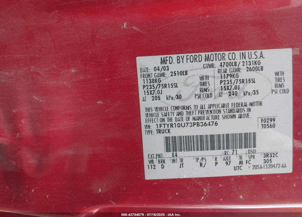 2003 FORD RANGER EDGE/XL/XLT VIN: 1FTYR10U73PB36476
