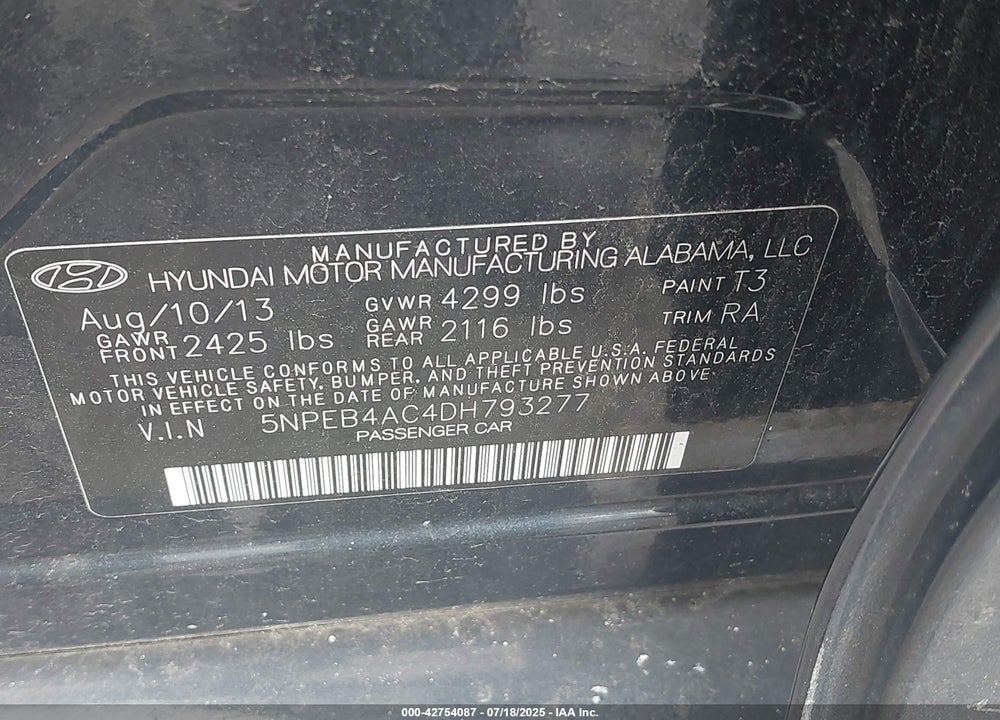 2013 HYUNDAI SONATA VIN: 5NPEB4AC4DH793277