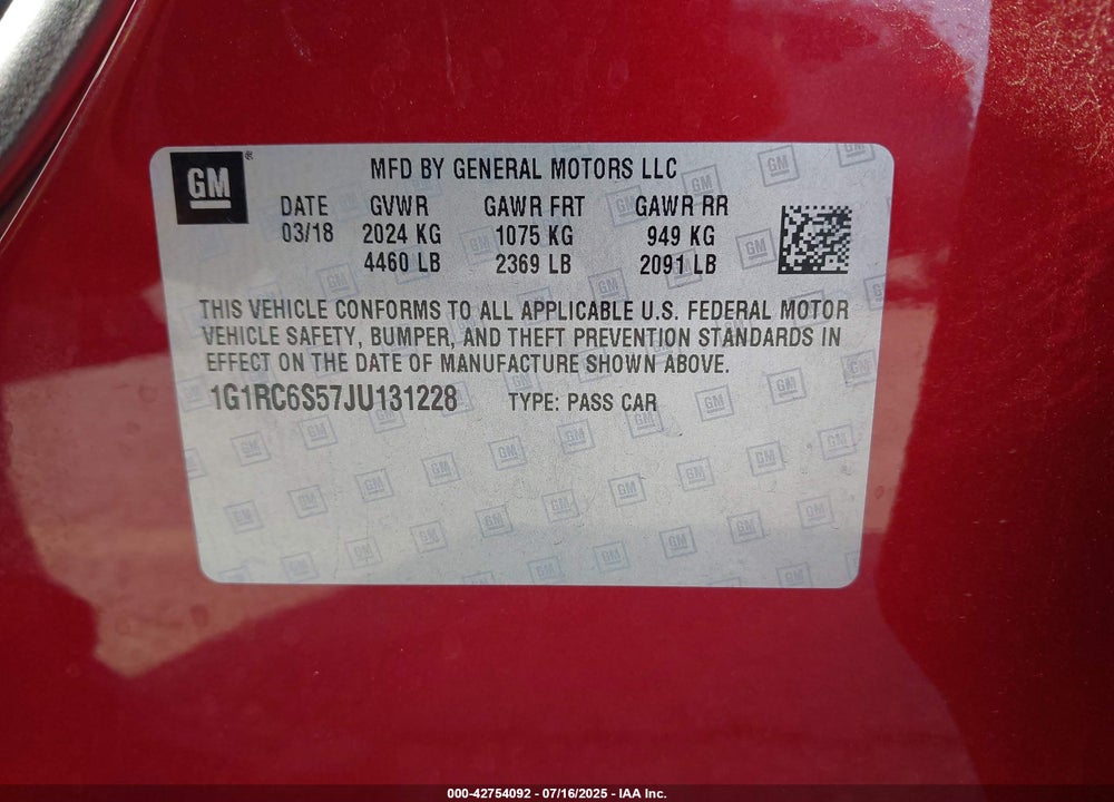 2018 CHEVROLET VOLT VIN: 1G1RC6S57JU131228