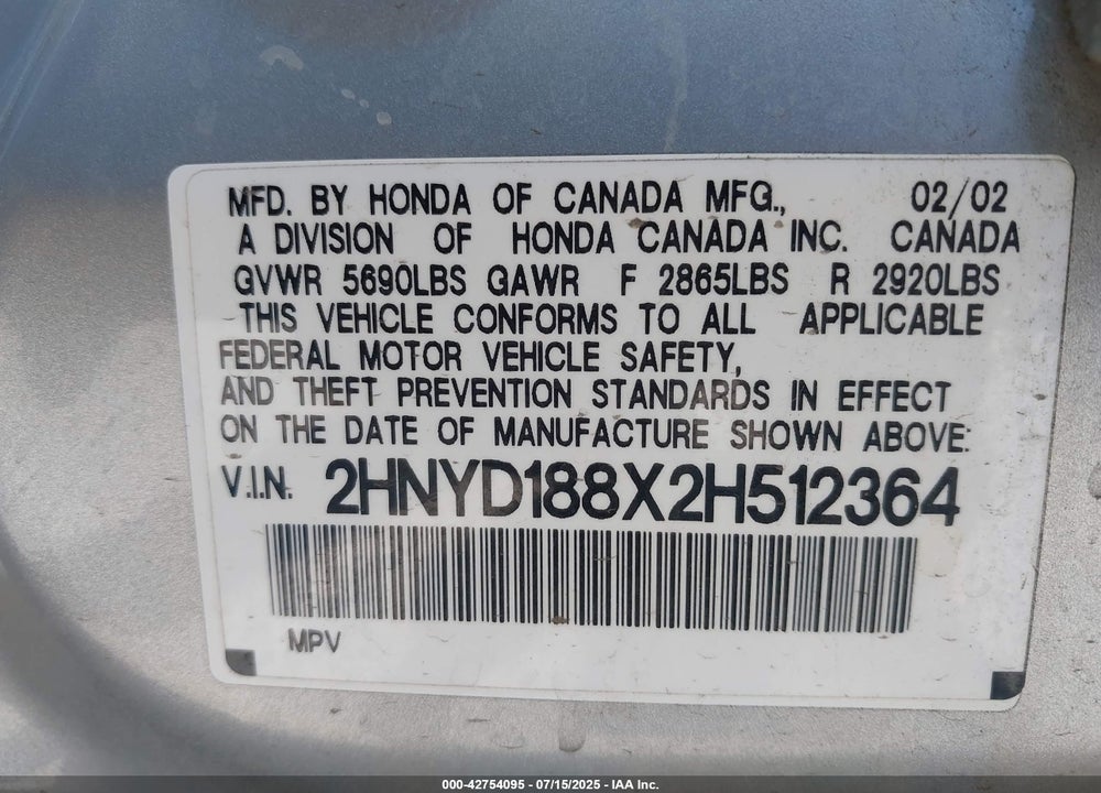 2002 ACURA MDX VIN: 2HNYD188X2H512364