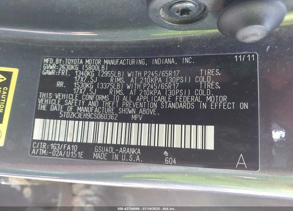 2012 TOYOTA HIGHLANDER VIN: 5TDZK3EH9CS060362
