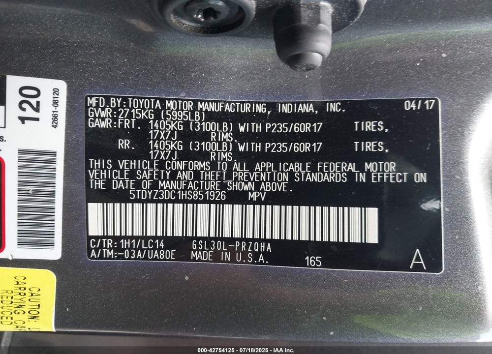 2017 TOYOTA SIENNA XLE 8 PASSENGER VIN: 5TDYZ3DC1HS851926