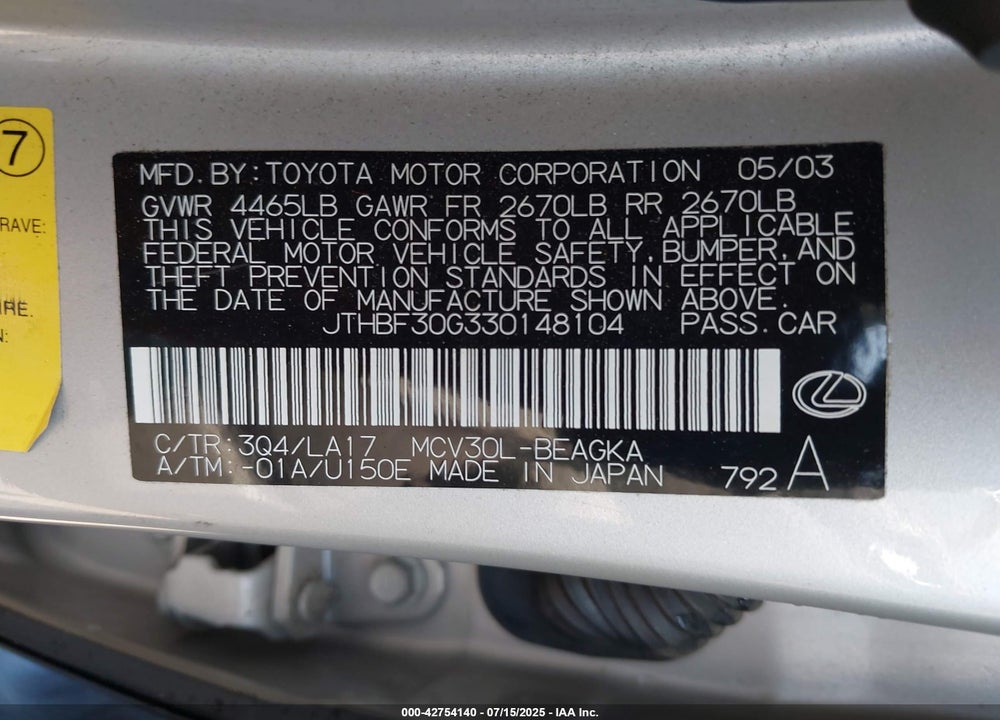 2003 LEXUS ES 300 VIN: JTHBF30G330148104