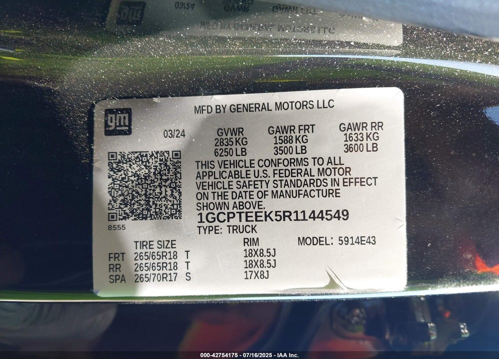 2024 CHEVROLET COLORADO T VIN: 1GCPTEEK5R1144549