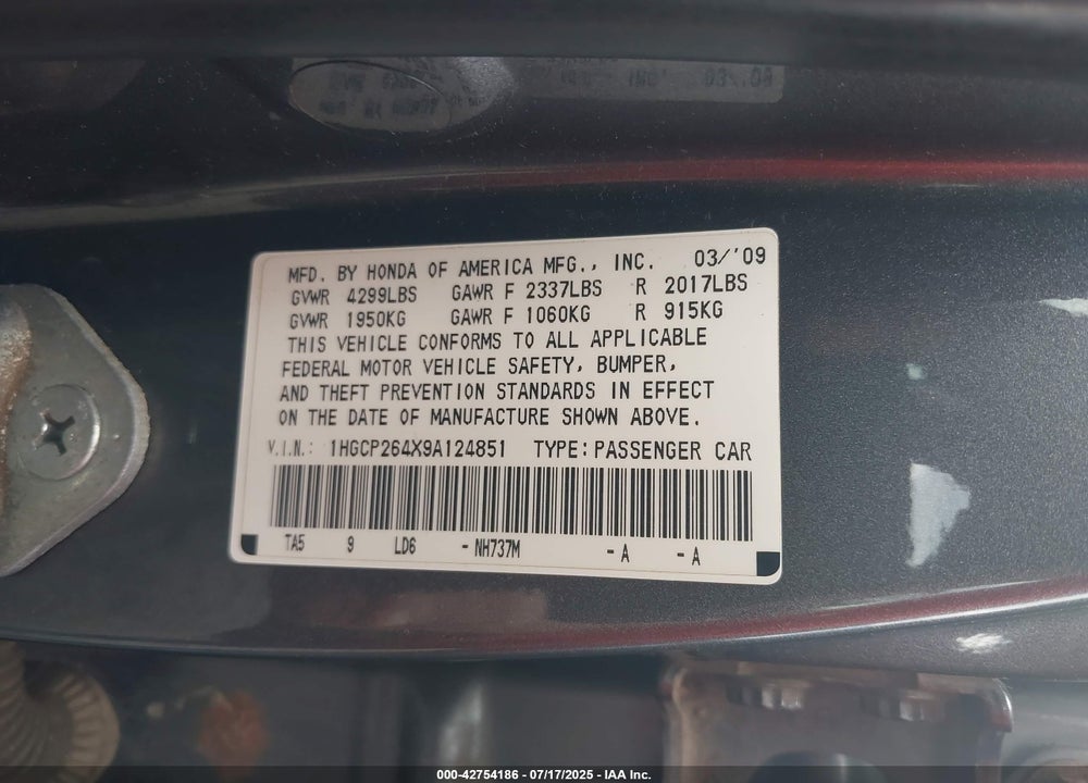 2009 HONDA ACCORD VIN: 1HGCP264X9A124851