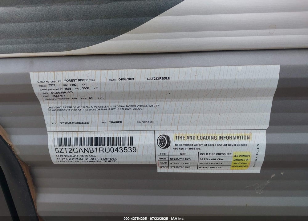 2024 COACHMEN CATALINA VIN: 5ZT2CANB1RU043539