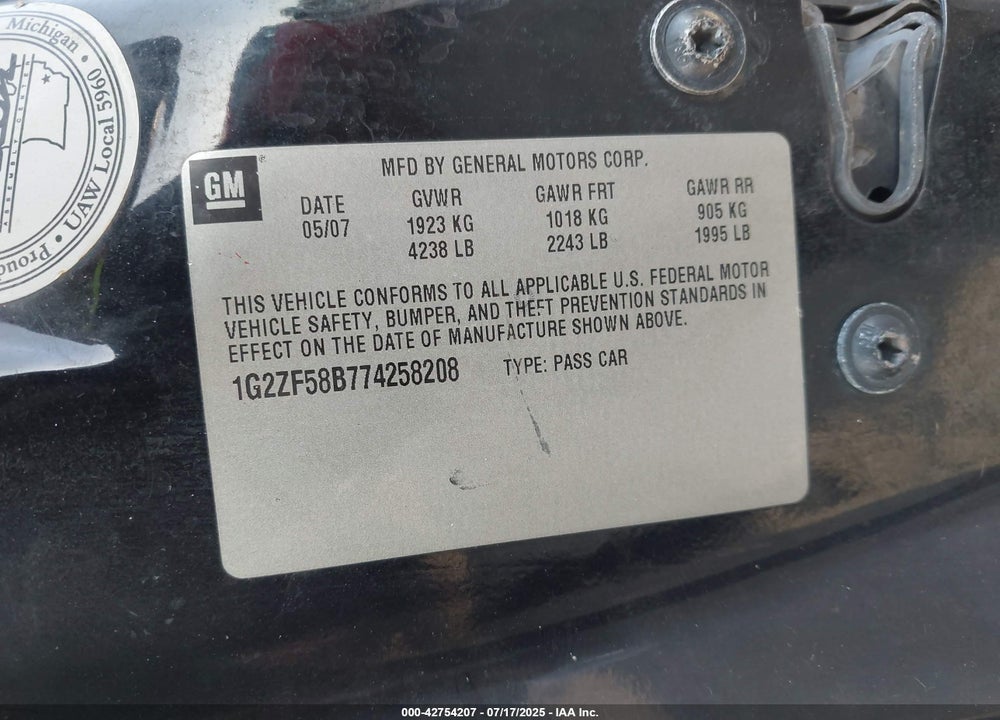2007 PONTIAC G6 VIN: 1G2ZF58B774258208