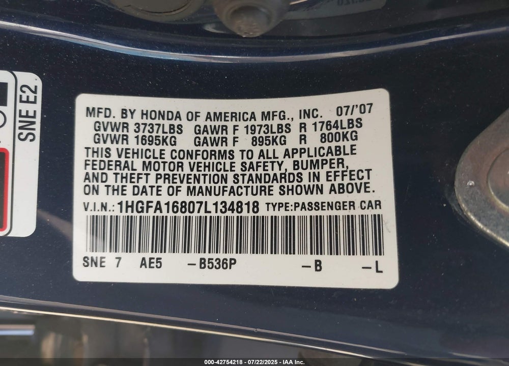 2007 HONDA CIVIC EX VIN: 1HGFA16807L134818