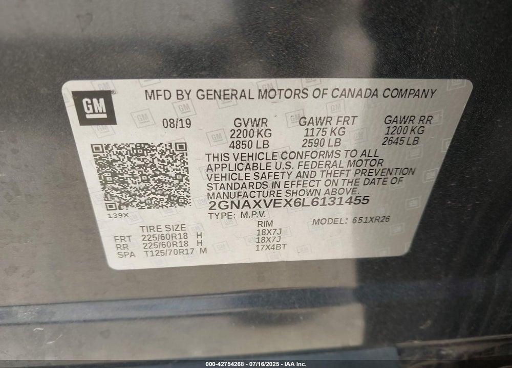 2020 CHEVROLET EQUINOX VIN: 2GNAXVEX6L6131455