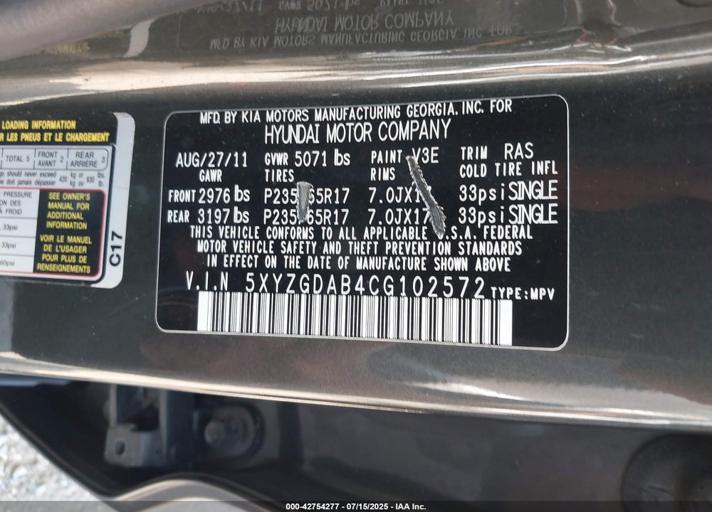 2012 HYUNDAI SANTA FE VIN: 5XYZGDAB4CG102572