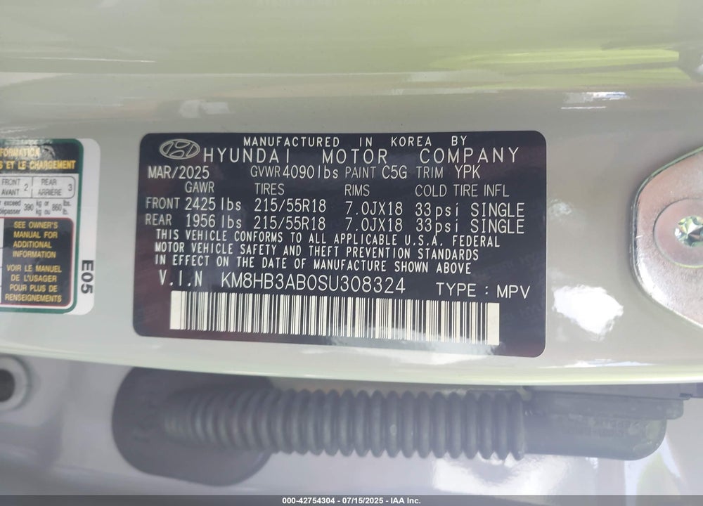 2025 HYUNDAI KONA SEL VIN: KM8HB3AB0SU308324