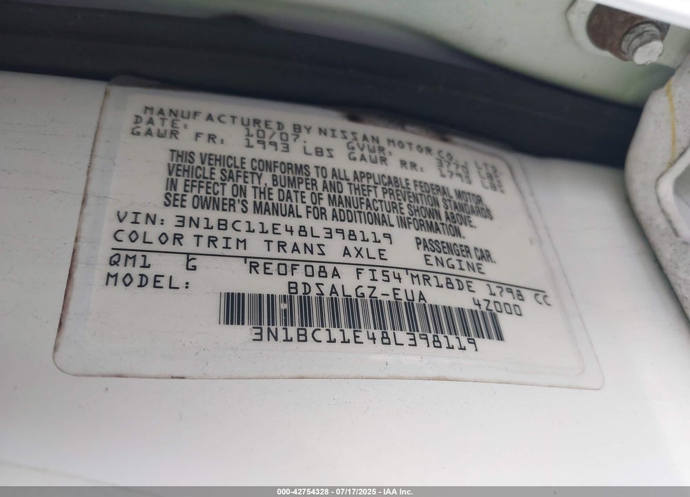 2008 NISSAN VERSA VIN: 3N1BC11E48L398119
