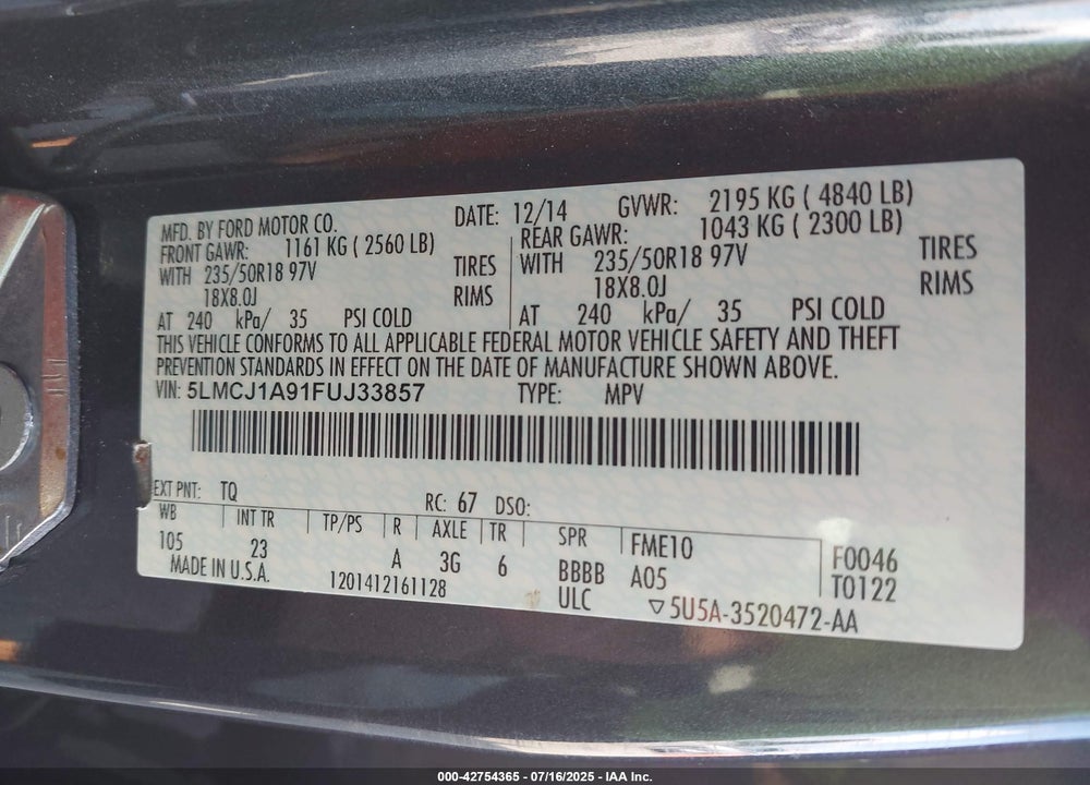 2015 LINCOLN MKC VIN: 5LMCJ1A91FUJ33857