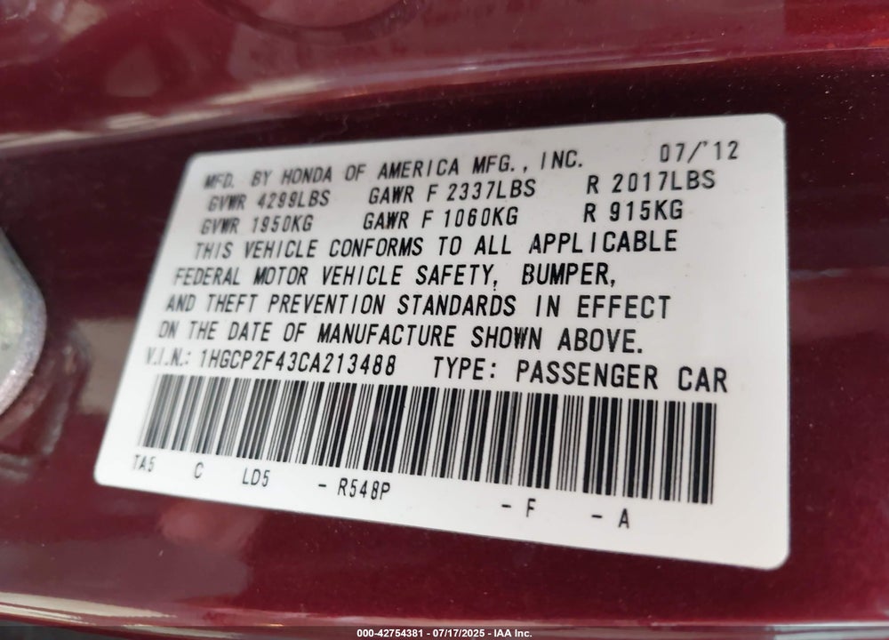 2012 HONDA ACCORD VIN: 1HGCP2F43CA213488