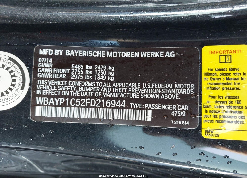2015 BMW 650I XDRIVE VIN: WBAYP1C52FD216944