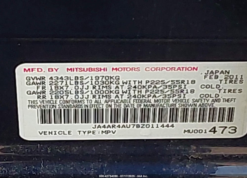 2011 MITSUBISHI OUTLANDER SPORT VIN: JA4AR4AU7BZ011444