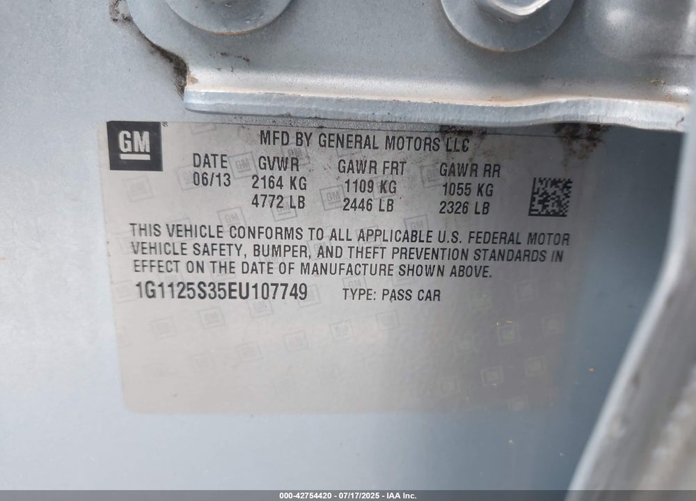 2014 CHEVROLET IMPALA VIN: 1G1125S35EU107749