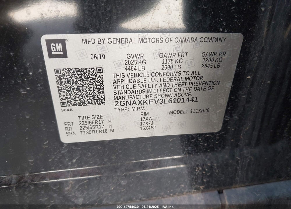 2020 CHEVROLET EQUINOX VIN: 2GNAXKEV3L6101441