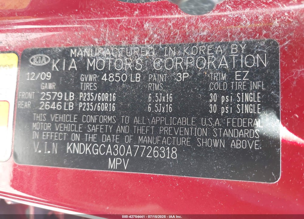 2010 KIA SPORTAGE VIN: KNDKGCA30A7726318