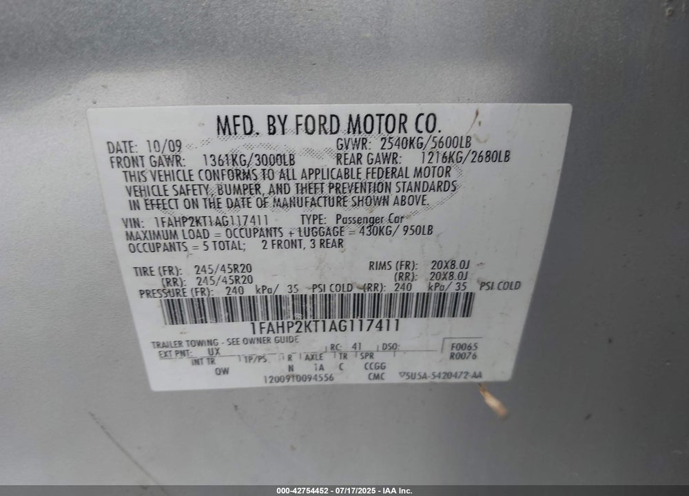 2010 FORD TAURUS VIN: 1FAHP2KT1AG117411