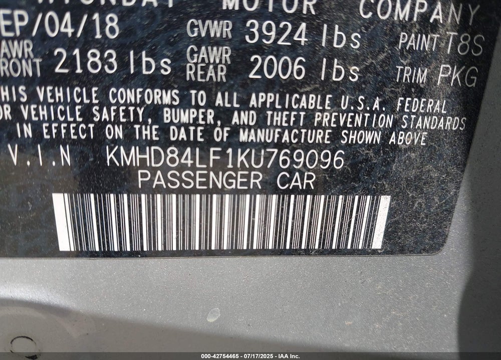 2019 HYUNDAI ELANTRA SEL VIN: KMHD84LF1KU769096