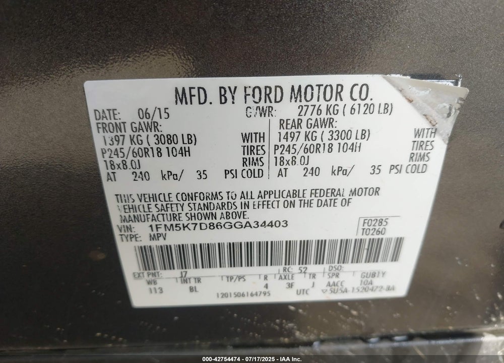 2016 FORD EXPLORER VIN: 1FM5K7D86GGA34403