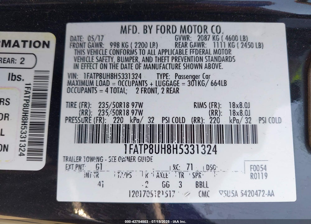 2017 FORD MUSTANG VIN: 1FATP8UH8H5331324