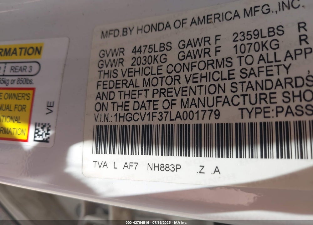 2020 HONDA ACCORD VIN: 1HGCV1F37LA001779
