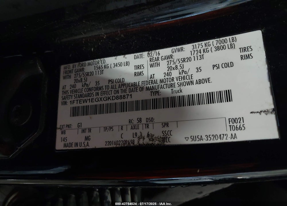 2016 FORD F-150 VIN: 1FTEW1EGXGKD88871