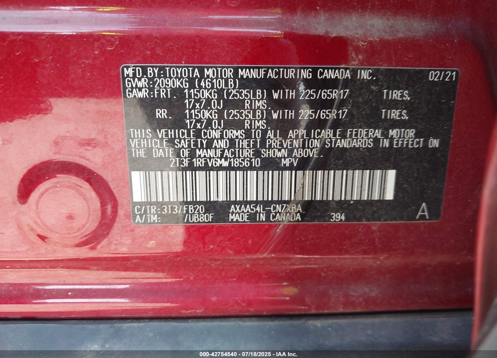 2021 TOYOTA RAV4 VIN: 2T3F1RFV6MW185610