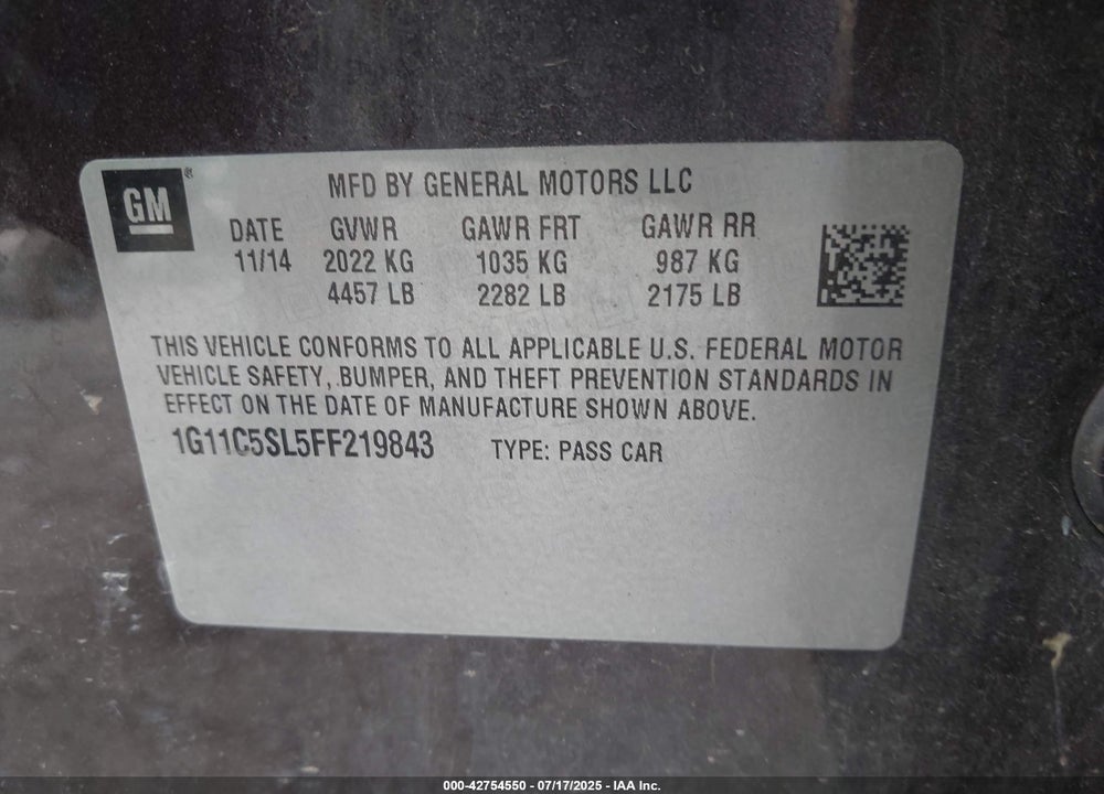 2015 CHEVROLET MALIBU 1LT VIN: 1G11C5SL5FF219843