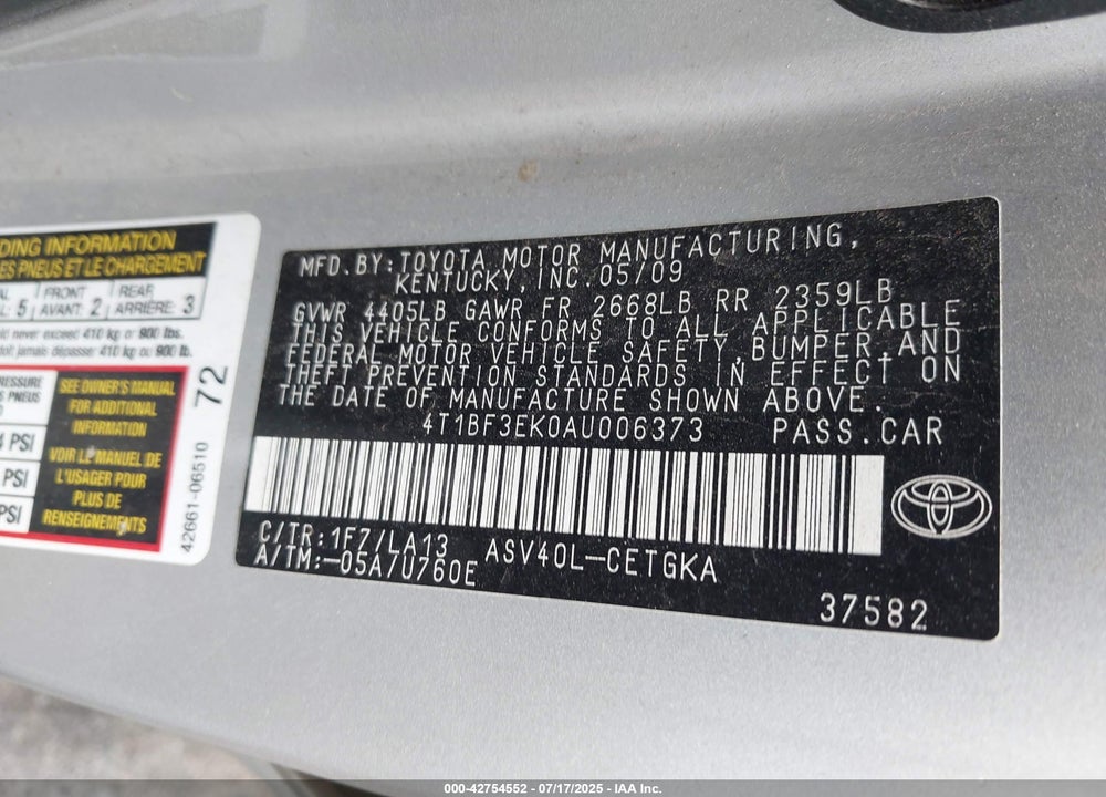 2010 TOYOTA CAMRY VIN: 4T1BF3EK0AU006373