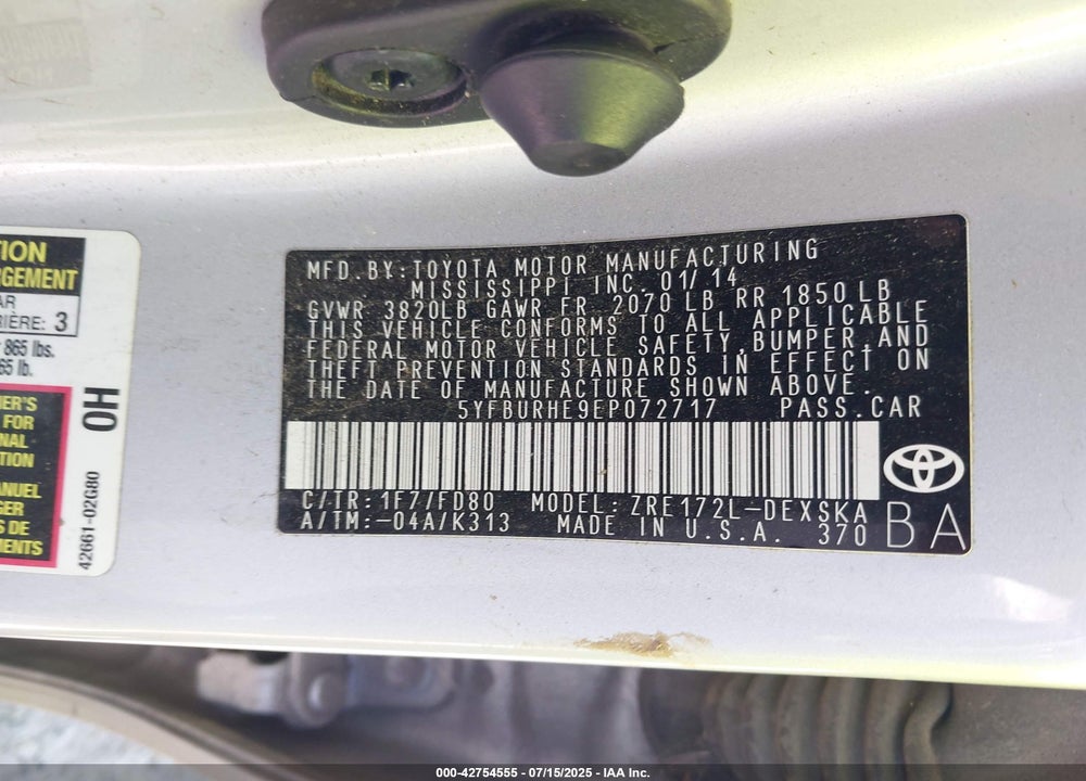 2014 TOYOTA COROLLA VIN: 5YFBURHE9EP072717