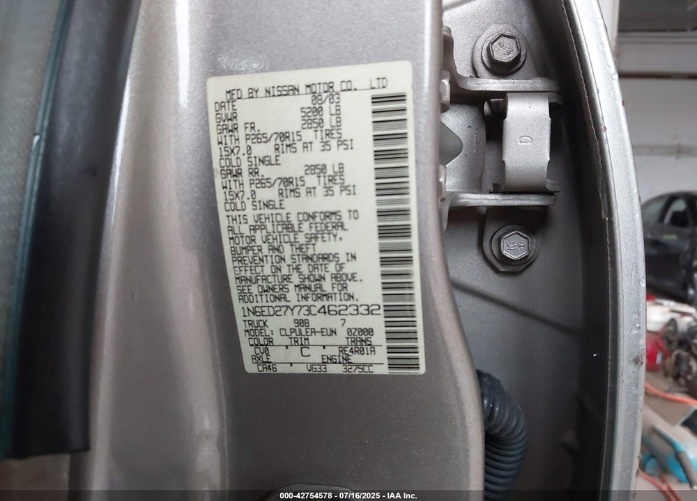 2003 NISSAN FRONTIER XE-V6 VIN: 1N6ED27Y73C462332